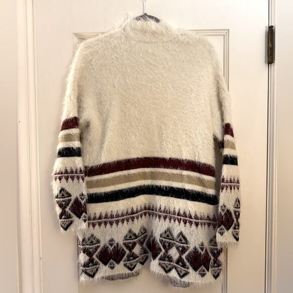 Design Lab ivory open front long sleeved cardigan w black & maroon design XS - Picture 2 of 9